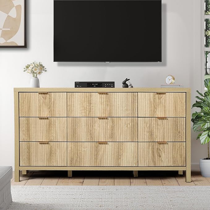 Fluted 9 Drawer TV Stand Dresser for Bedroom, Mid Century Modern Dresser with Drawers, Storage Organizer with 9 Drawers, Fluted Cabinet for Closet Cloth, Living Room, Entryway -Natural