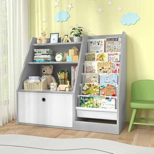 TOETOL Kids Bookshelf,Book Storage Organizer,6 Sling Toddler Wooden Book Shelf,3-Tier Kids Bookcase for Bedroom,Livingroom,Playroom,Nursery-Grey