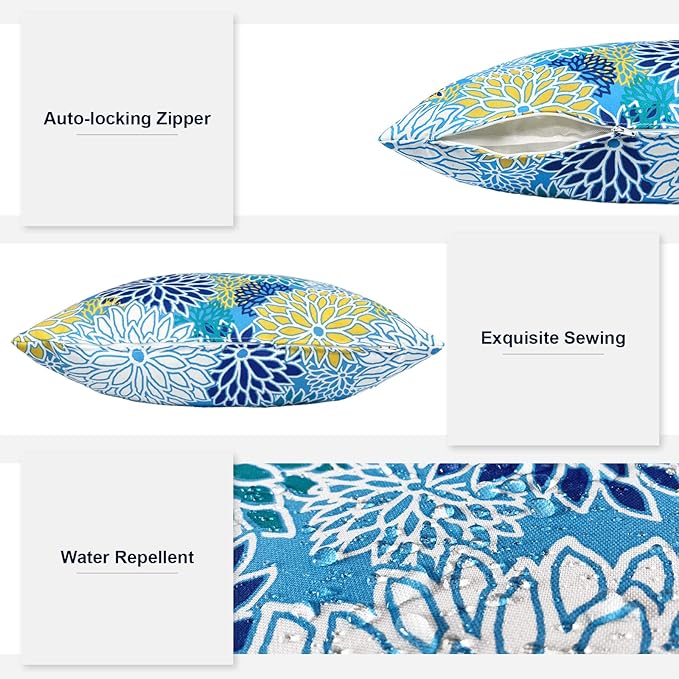 Outdoor Throw Pillows 16x16 Inch, Water Repellent Patio Pillows with Inners Set of 2, Outdoor Pillows for Patio Furniture Home Garden, Dahlia Blue
