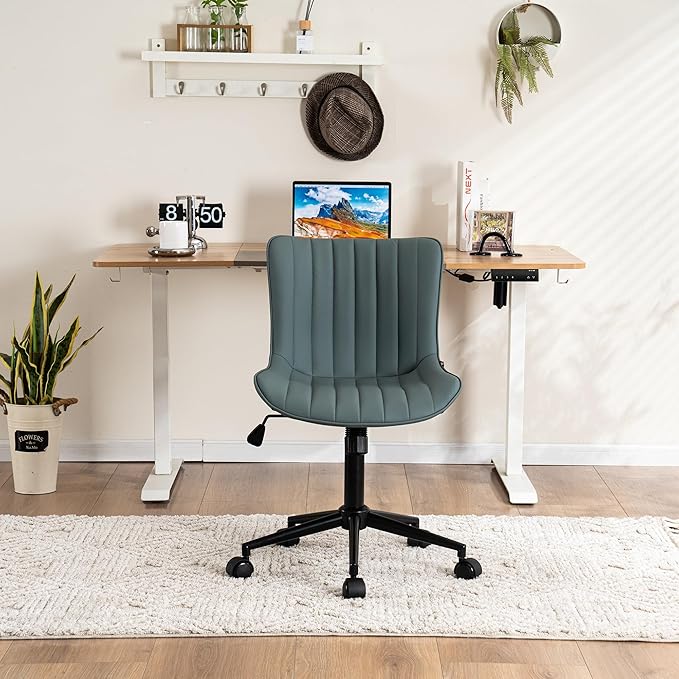 YOUNIKE Home Office Desk Chair with Wheels Armless Compact Comfy Vanity Chair with Adjustable Back Modern Small Leather Upholstered Rolling Swivel Cute Computer Task Chair No Arms Greyish Green