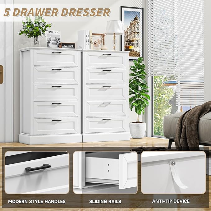 White Dresser with 5 Drawers, Vertical Storage for Bedroom, Wood Tall Dresser for Hallway, Wooden Tall Chest of Drawers for Entryway, Nursery, Lingerie Chest Drawer, Modern Farmhouse Style