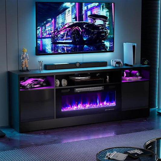 Ludatido 70 Inch Premium TV Stand with 36 inch Electric Fireplace 27 Inch high LED Light Entertainment Center Easy to Assemble for TVs Up to 85'' with USB&AC Power Interface Black