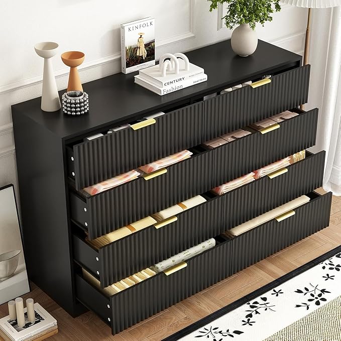 8 Drawer Dresser for Bedroom, Modern Fluted Double Dresser, 55" Wide Chest of Dressers, Wooden Beside Table for Closet, Living Room and Entryway, Black
