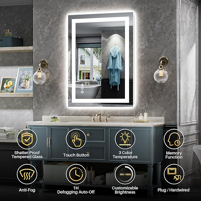 24"x32" LED Bathroom Mirror with Lights, Backlit & Front Lit, Anti-Fog Lighted Bathroom Vanity Mirror for Wall, Memory Function, Dimmable, HD Tempered Glass, Shatter-Proof