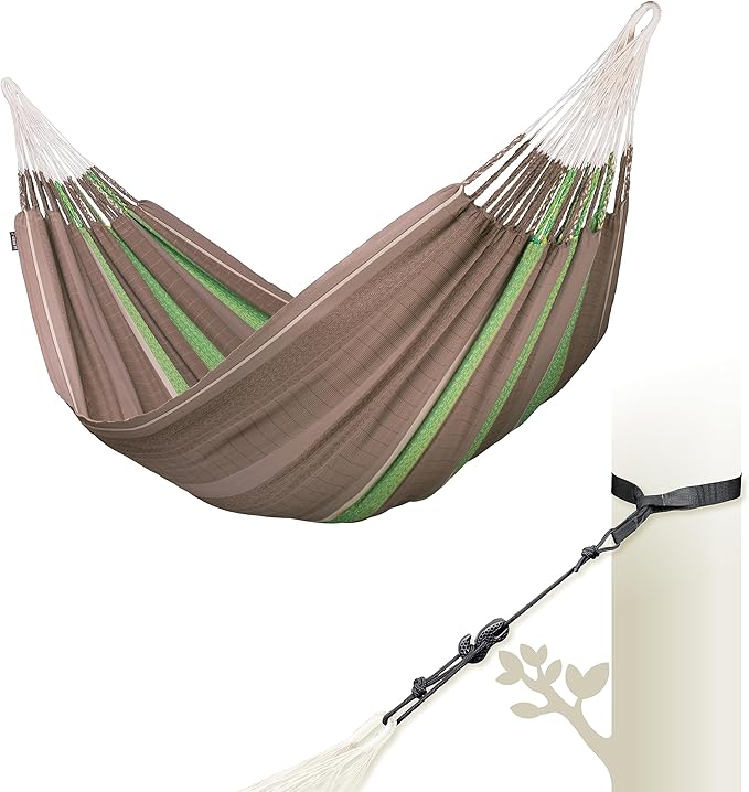 LA SIESTA Flora Classic Cotton Hammock with TreeMount & Straps - Extra Large Patio & Indoor / Outdoor Hammock Bed, 2 Person King Size, Chocolate