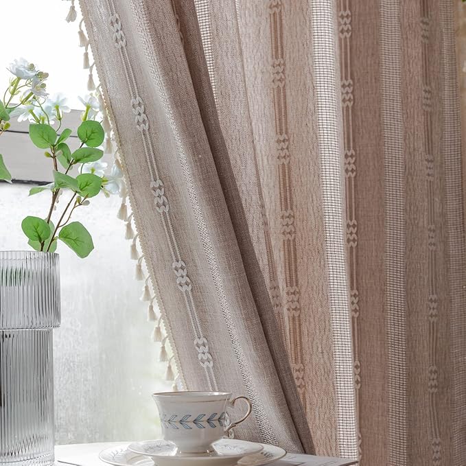 Linen Curtains 108'' Long for Living Room 2 Panels Set, Embroidery Curtains Tassel Boho Curtains for Bedroom Light Filtering Window Curtains Rod Pocket Drapes (52'' W x 108'' L,Khaki)