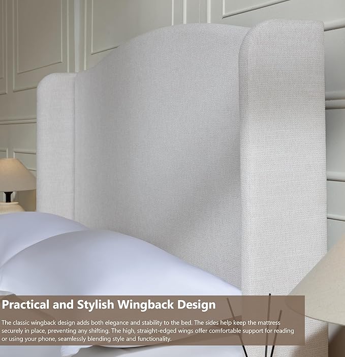 Queen Wingback Bed Frame, 54" Tall Headboard, Chenille Upholstery, Heavy Duty Support, Solid Wood Feet, Easy Assembly (Ivory White Chenille Camelback,Queen)