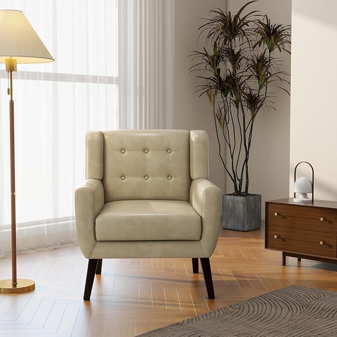 Accent Chair, Mid-Century Modern PU Leather Chairs with Arms for Living Room, Comfy Upholstered Club Single Sofa Armchair