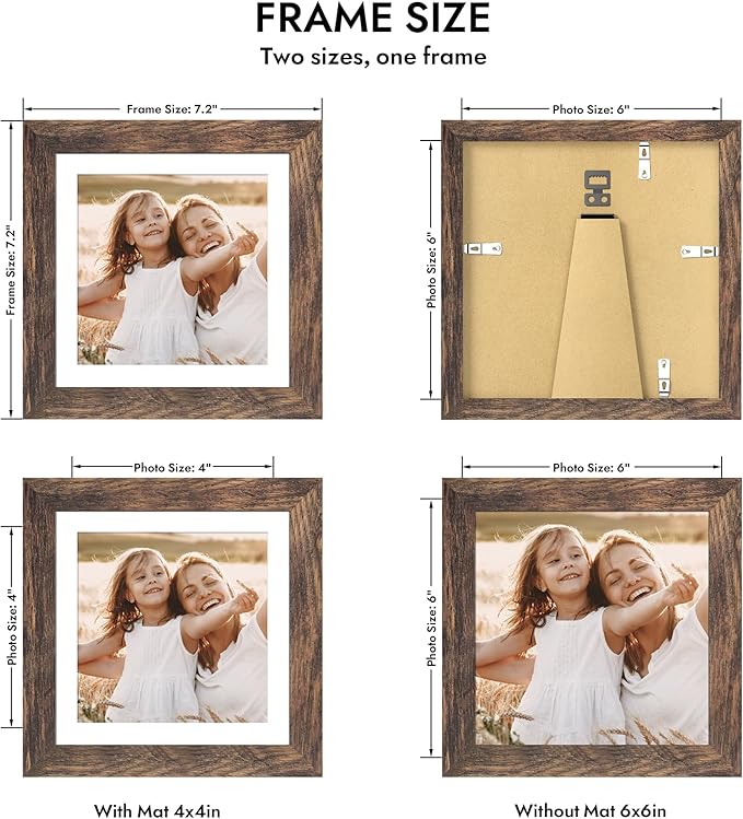 6x6 Picture Frame with Glass, Display Pictures 4x4 with Mat or 6 x 6 without Mat - Wall and Tabletop, 6 by 6 Photo Wooden Frames (Rustic Brown, 1 Pack)