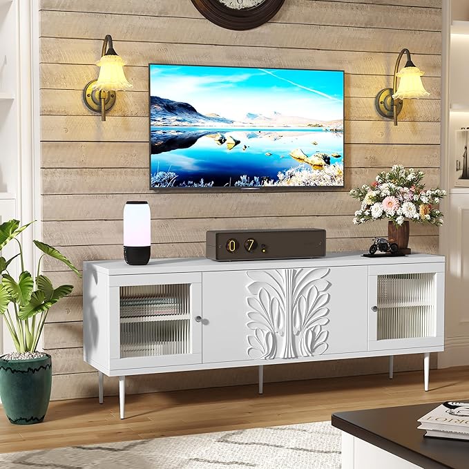 TV Stand for TVs up to 75 Inches, Mid Century Modern Entertainment Center with 3D Flower Pattern, Wood Media Console with 2 Fluted Glass Doors, Storage Cabinet for Living Room, White