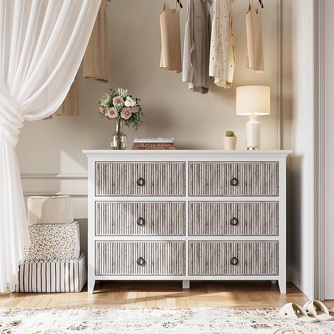 GarveeHome 6 Drawer Dresser for Bedroom，Waveform Fluted Chest with Large Drawer, Wooden Chest of Storage Cabinet, Fluted Dressers for Bedroom Living Room Hallway Closet, Anti-Tipping