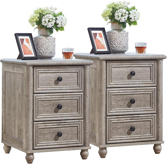 18" Farmhouse Night Stand Set of 2, Gray Wood Nightstand with 3 Drawers, Bedside End Table with Storage and Roman Column, Bed Side Tables Cabinet for Bedroom, Living Room, and Closet