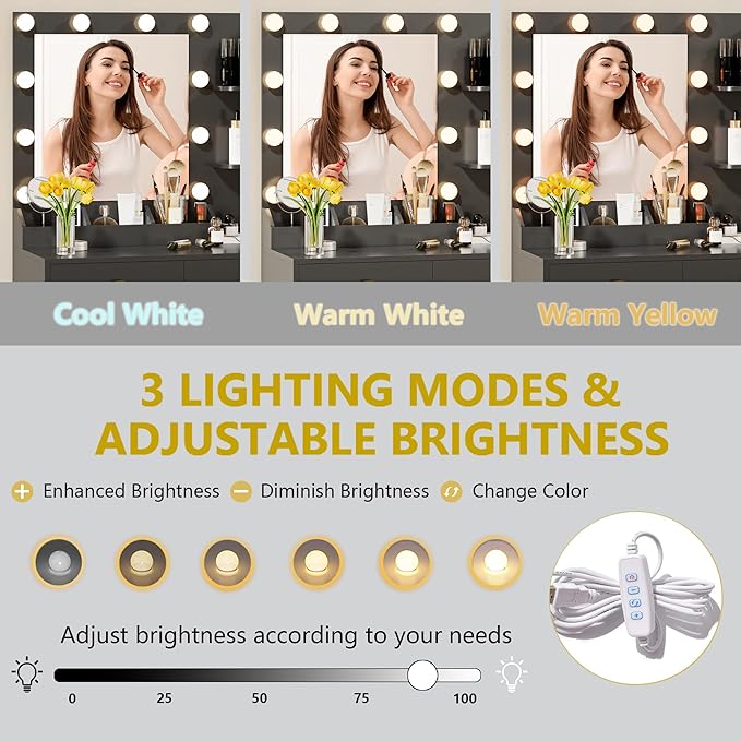 Vanity Desk with Mirror and Lights, Makeup Vanity Table Set with 5 Storage Drawers, Power Outlet & Chair, Small Dressing Table with RGB Ambient Light, Adjustable Brightness for Girls Bedroom, Black