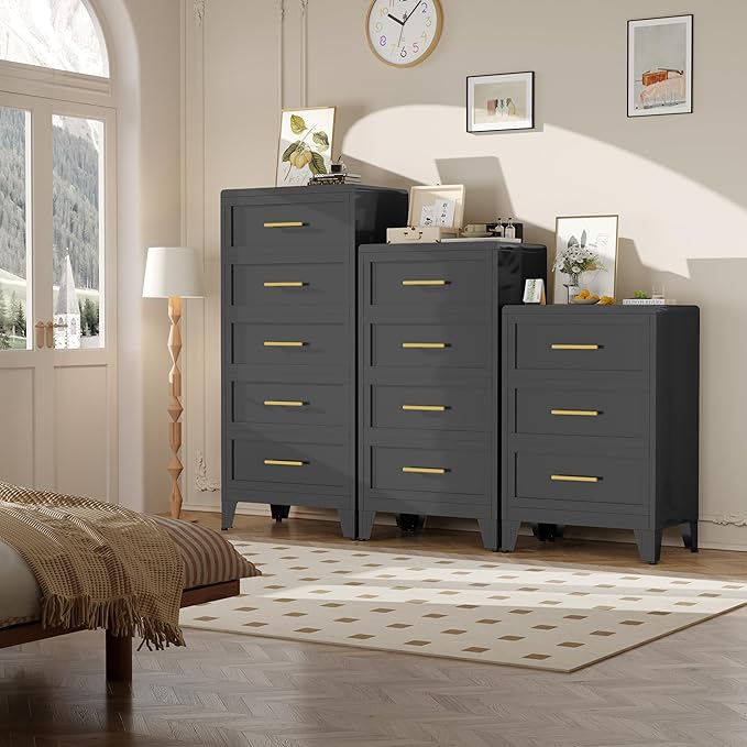Metal Dresser Tall Narrow Dresser for Bedroom Chest, 53.46" H Drawer Chest, Closet Dressers & Chests of Drawers for Living Room, Hallway (5 Drawers Black 24inch Wide)