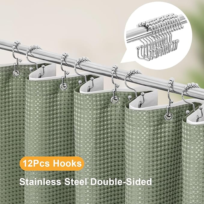 3 in 1 Long Shower Curtain Set-72 W x 78 H, Sage Green Waffle and PEVA Liner Set with 12 Stainless Steel Hooks, Waterproof Fabric for Bathroom