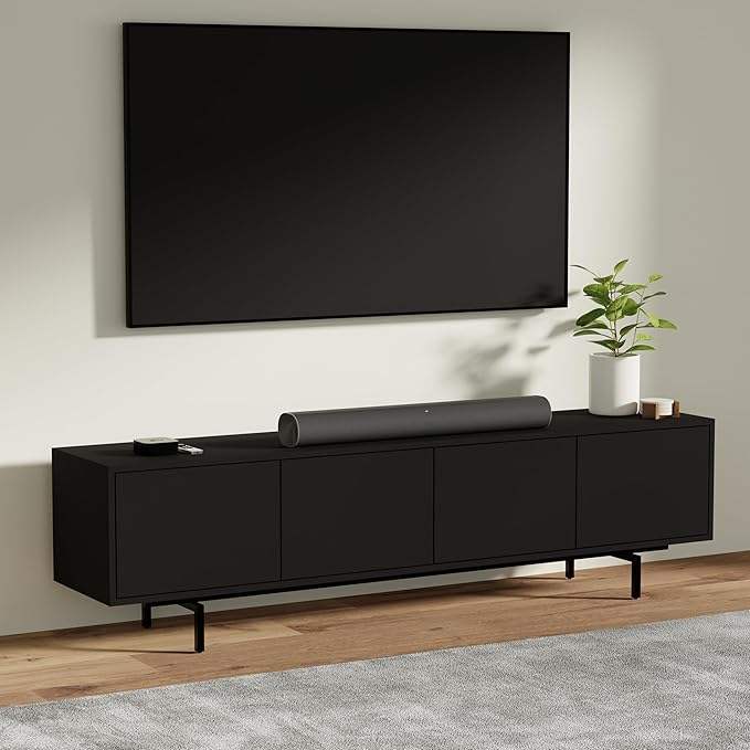 Norrhaus 75" x 20" 4-Door TV Stand in Black - Modern TV Console Made from Quality Engineered Hardwood with Water Resistant Melamine Veneer - No Tools Frame Assembly