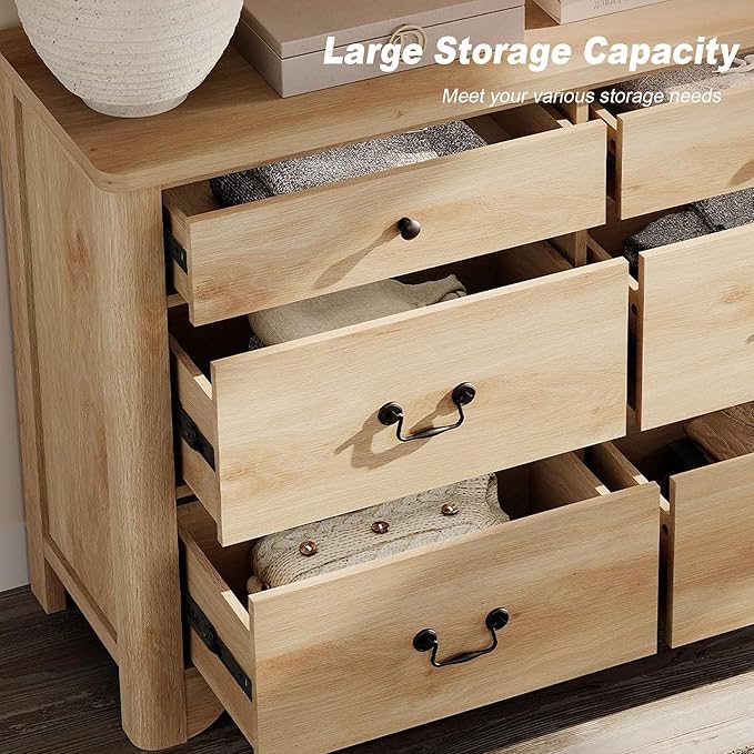 WAMPAT 6 Drawer Dresser for Bedroom, 47.2" W Farmhouse Dresser with Large Storage Drawers and Metal Handle, Modern Chest of Drawers with Solid Wood Legs, Wood Dressers for Bedroom,Closet,Hallway,Oak
