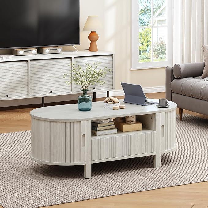 47.2 Inch Oval Coffee Table with Storage, Mid Century Modern Coffee Table with Drawer, Center Table with Sliding Door and Wood Fluted Handle for Living Room, Natural White
