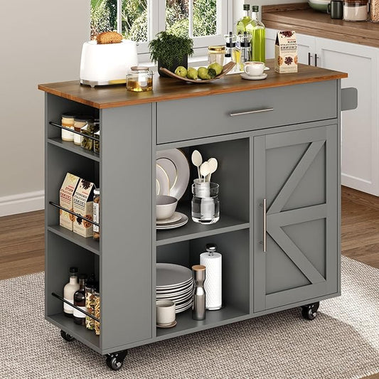 4 EVER WINNER Kitchen Island on Wheels with Storage Cabinet, Kitchen Island Cart with Spice Rack & Towel Rack, Rolling Kitchen Cart with Open Shelves, Portable Island with Drawer, Grey