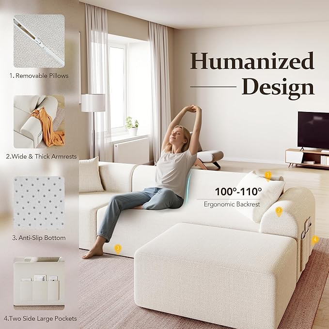 105.5" Cloud Sectional Couch with Ottoman & 4 Pillows, L Shaped Couches Boneless Sofa for Living Room, Chenille Fabric Deep Seat Comfy Couch, No Assembly Required, 72h to Restore