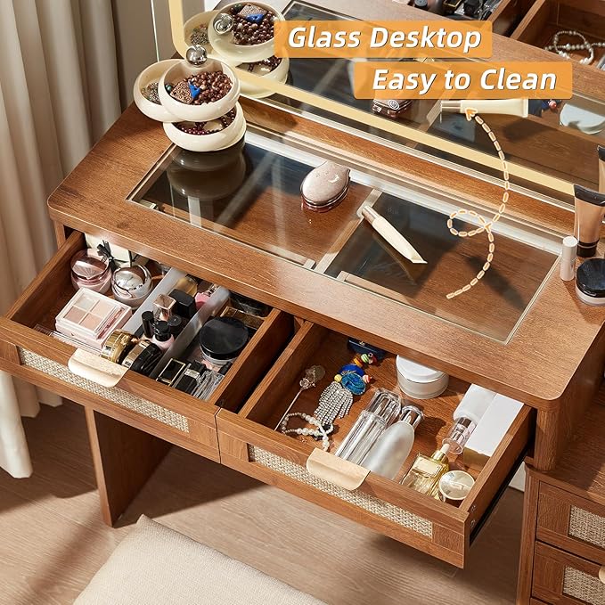 LEYAOYAO Vanity Desk with Mirror and Lights, 43.5'' Makeup Vanity Set with Stool 6 Drawers and Adjustable Shelves, Rattan Wood Make Up Vanity Dressing Table with Glass Top and Power Outlet for Bedroom