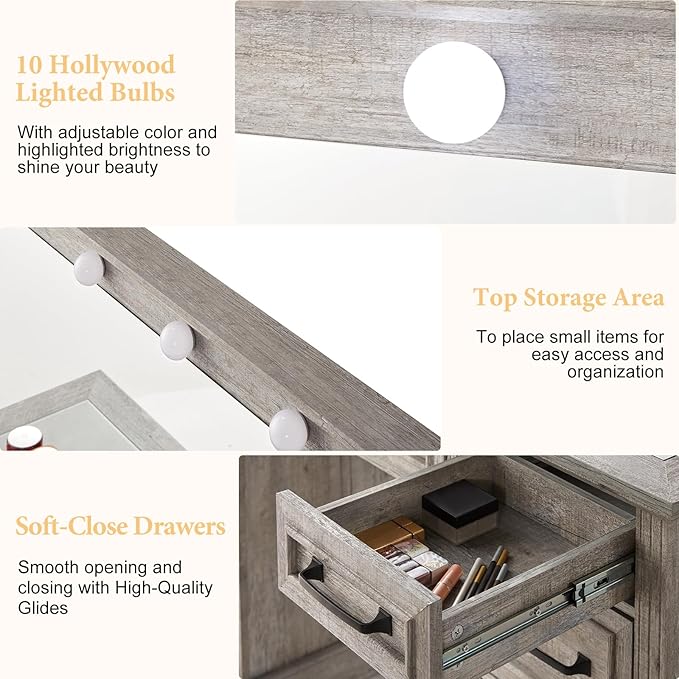 55" Farmhouse Vanity Desk with Large Mirror & Lights, Glass Top Large Makeup Vanity Table with 10 Hollywood Lights Bulbs, Charging Station, 5 Drawers, Dressing Table for Bedroom, Rustic Grey