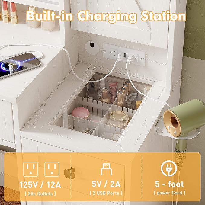 Vabches Makeup Vanity Desk with Mirror and Lights, Farmhouse Vanity Mirror with Lights Desk and Chair, White Vanity Table with Charging Station and Storage, Dressing Table Set for Bedroom Room