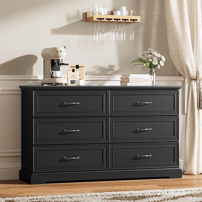 Dresser for Bedroom with 6 Drawer, Farmhouse Dresser for Closet, 53'' Wide Rustic Wooden Chest of Drawers with Natural Wood Texture, Vintage Storage Organizer for Living Room, Hallway, Black