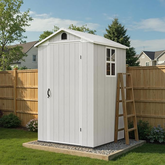 Greesum 4×4FT Plastic Outdoor Storage Shed with Floor, Resin Storaged Sheds with Lockable Door, Window & Vent, All-Weather Tool Sheds for Garden, Backyard, Patio, Light Gray (One-Piece Panel)