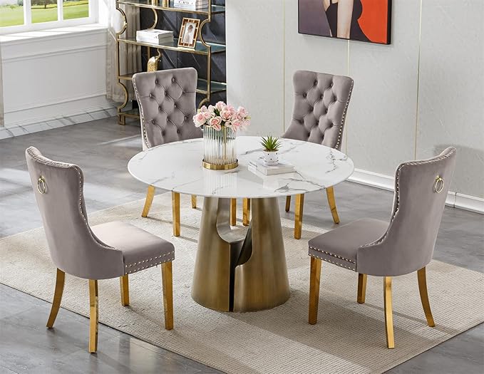 5-Piece Faux Marble Round Dining Table Set for 4, Modern Luxury Kitchen Table Set for 4 with Grey Tufted Chairs,Circle Dining Tables with White Marble Grain Top and Bronze Pedestal Base