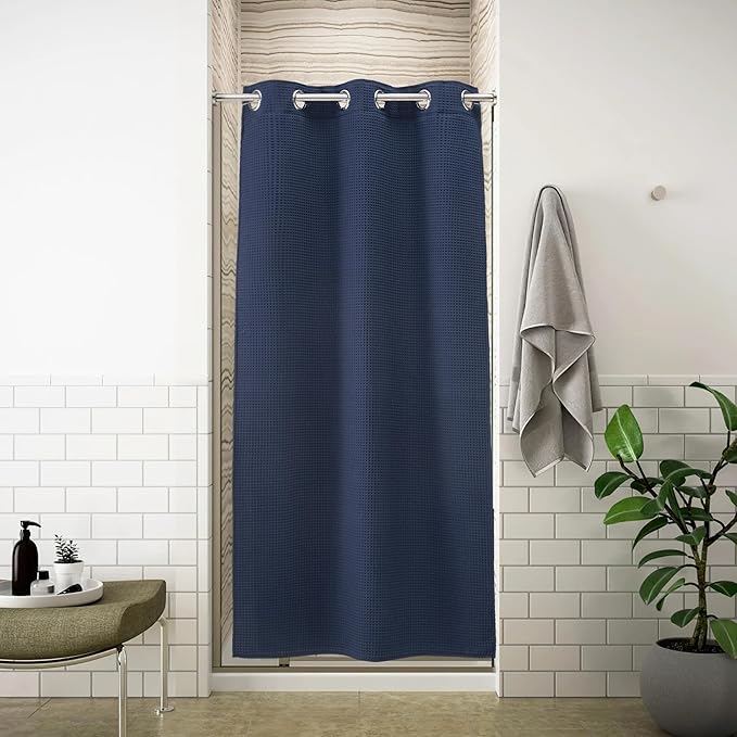 River Dream Stall Waffle Weave Shower Curtain with Snap-in Liner,Cotton Blend Fabric Heavy Duty,No Hooks Needed Shower Curtain for Bathroom,Hotel Quality Shower Curtain Set,Navy Blue,36x74 inches