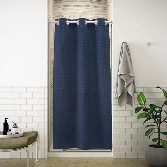 River Dream Stall Waffle Weave Shower Curtain with Snap-in Liner,Cotton Blend Fabric Heavy Duty,No Hooks Needed Shower Curtain for Bathroom,Hotel Quality Shower Curtain Set,Navy Blue,36x74 inches