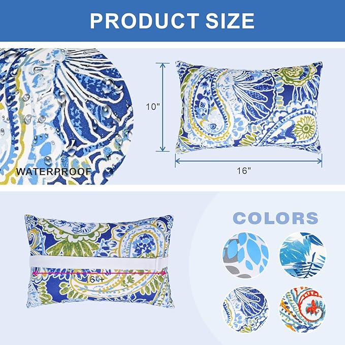 JMGBird Outdoor Pillow for Chaise Lounge Chair Set of 4 Waterproof Headrest Pillow Lumbar Pillows with Insert & Adjustable Elastic Strap for Beach Poolside Patio Office, 10x16 Inch
