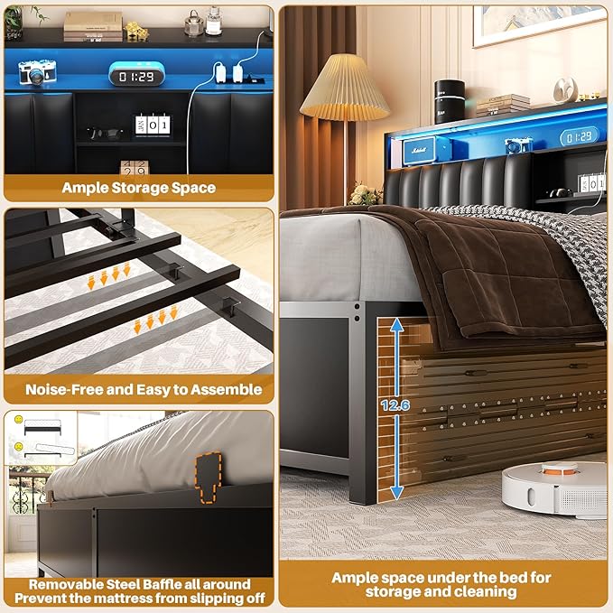 Aheaplus King Size Bed Frame with Charging Station & Led Lights, Platform Bed with Leather Upholstered Headboard and Storage, Metal Slats Support No Box Spring Needed, Noise-Free,-B6, Black Oak