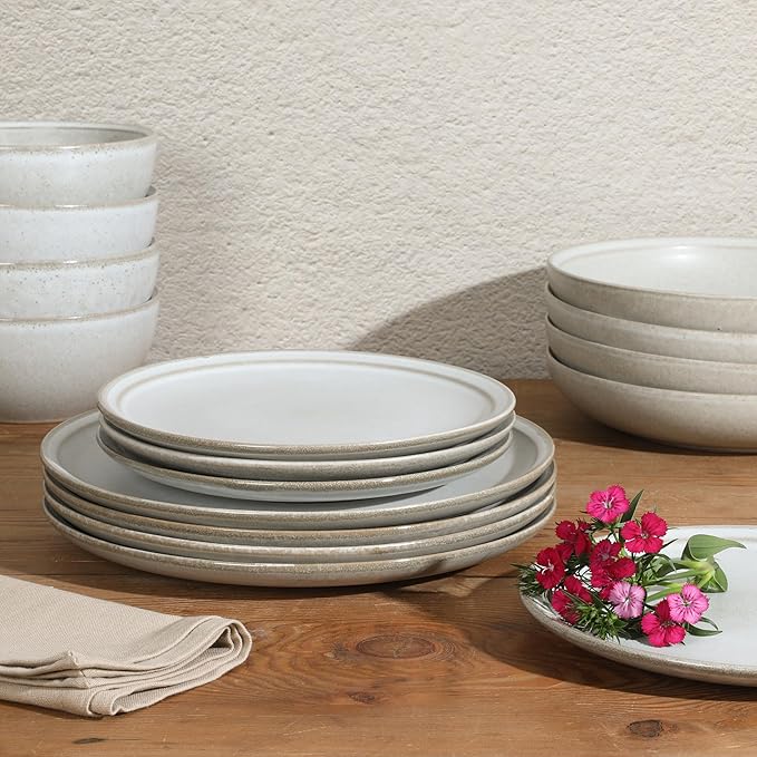 Gibson Elite Beckett Stoneware Matte Reactive Glaze 16 Piece (Service for 4) Plates and Bowls Dinnerware Set - Linen White