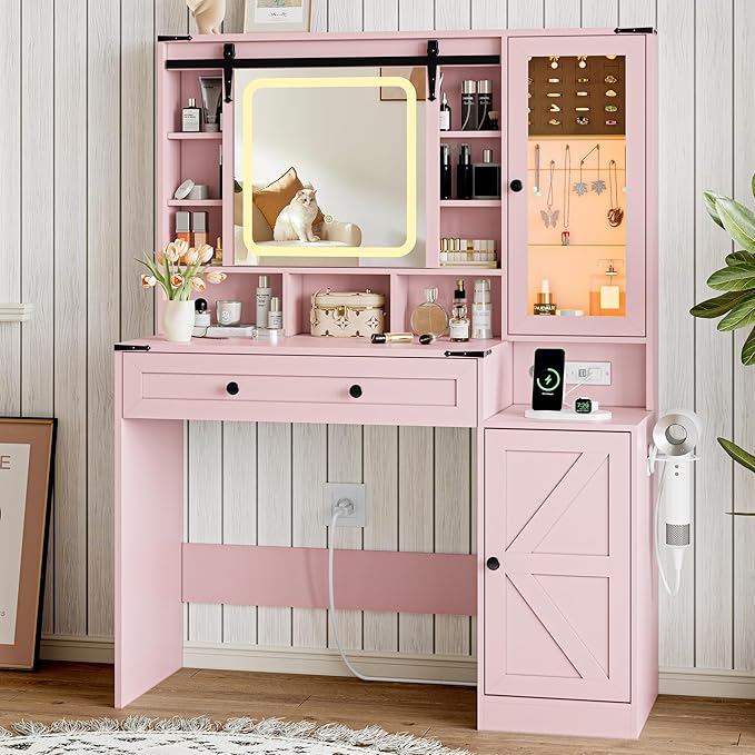 Pink Vanity Desk with Mirror and Lights, Farmhouse Makeup Vanity Desk with Lighted Mirror & Power Outlet, RGB Glass Cabinet, Makeup Dressing Table with 3 Lighting Modes for Bedroom