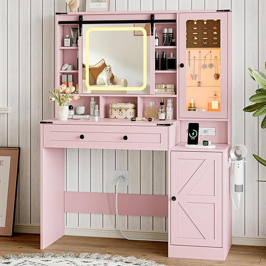 Pink Vanity Desk with Mirror and Lights, Farmhouse Makeup Vanity Desk with Lighted Mirror & Power Outlet, RGB Glass Cabinet, Makeup Dressing Table with 3 Lighting Modes for Bedroom