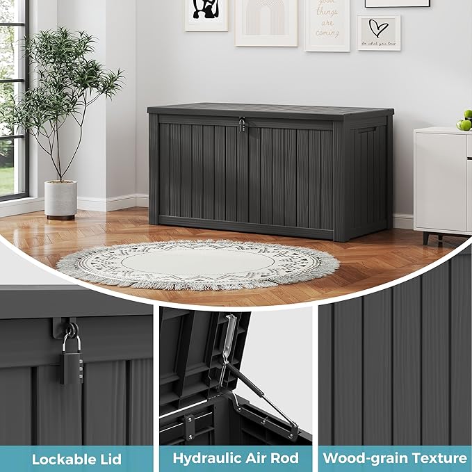 150 Gallon Resin Deck Boxes Waterproof, Outdoor Storage Box Lockable Lid for Delivery Box, Indoor, Garden Tools, Pool Supplies, Patio, Black