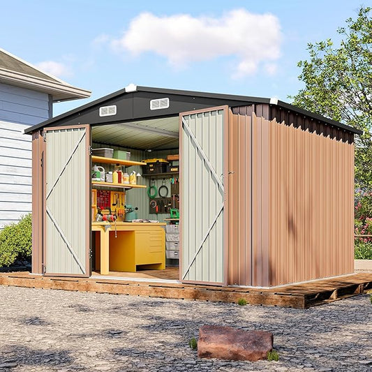 8x10 FT Outdoor Storage Shed, Utility Steel Tool Shed with Lockable Door and Air Vents, Galvanized Metal Shed for Garden Backyard Patio Lawn (8'x10', Brown)