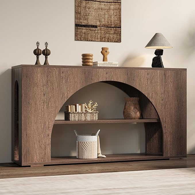 Sofa Console Table with Storage, 55" Farmhouse 3-Tier Hallway Wood Table for Living Room, Hallway, Foyer, Brown Oak