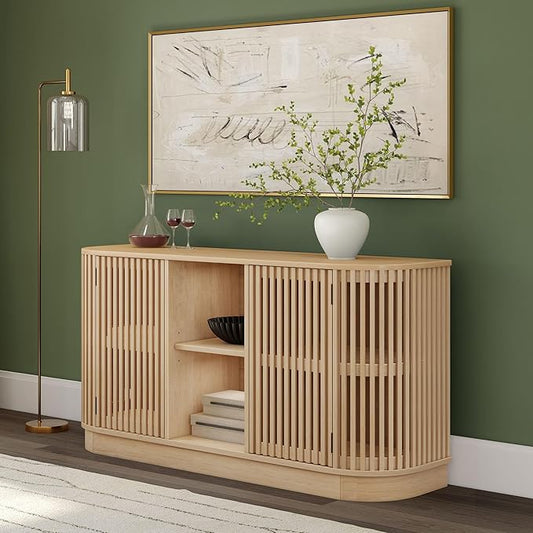 Plank+Beam Contour Wood TV Stand, Two Door Solid Wood Entertainment Console with Storage, 59" L x 16" W x 30" H, Blonde