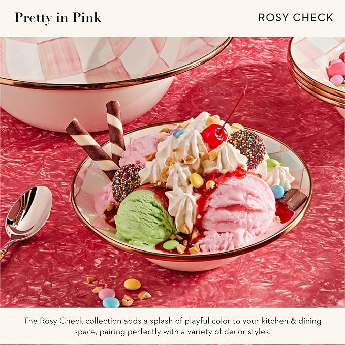 MACKENZIE-CHILDS Enamel Breakfast Bowl, Unique Soup Bowl or Cereal Bowl, Dinnerware, Pink-and-White Rosy Check, Set of 1