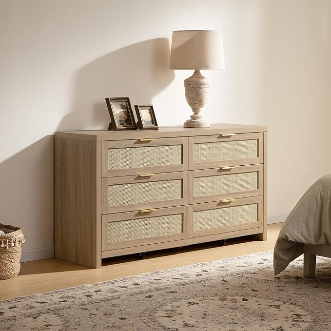 SICOTAS Rattan Dresser for Bedroom, 57" Wide 6 Drawer Dresser with Ample Storage, Dressers Large Chest of Drawers, Closet, Boho TV Stand for Bedroom (Reclaimed Light Oak, 1 Piece)