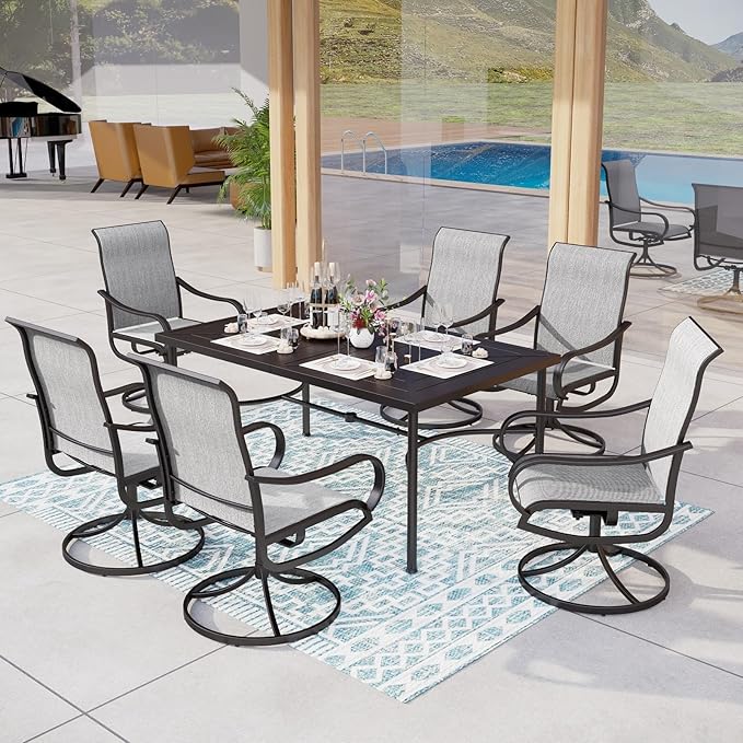 MFSTUDIO Patio Table and Chairs Set with Umbrella Hole, Outdoor Dining Set for 6 with Swivel Chairs, Outdoor Patio Furniture Set for Deck, Backyard, Poolside & Garden