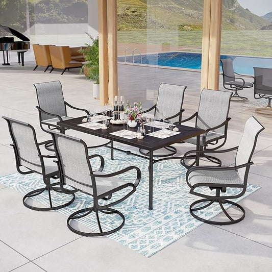 MFSTUDIO Patio Table and Chairs Set with Umbrella Hole, Outdoor Dining Set for 6 with Swivel Chairs, Outdoor Patio Furniture Set for Deck, Backyard, Poolside & Garden