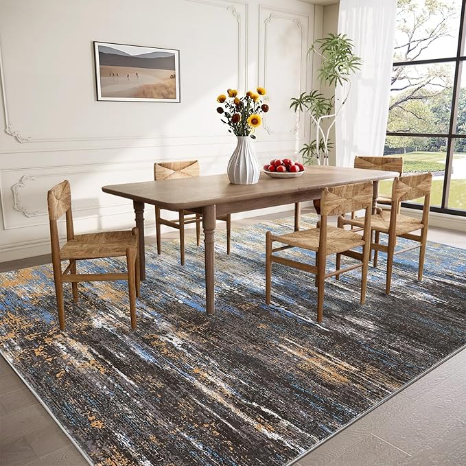 Modern Abstract Living Room Rug 10x13, Machine Washable Large Carpet, Non Slip Low Pile Throw Rug, Ultra Soft Indoor Floor Carpet for Bedroom Dining Room Table Home Decor, Blue/Brown