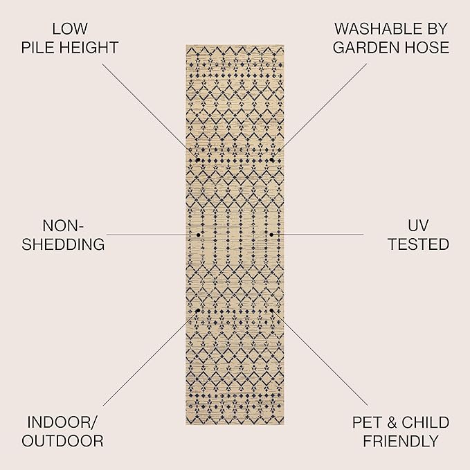 JONATHAN Y SMB108H-210 Ourika Moroccan Geometric Textured Weave Indoor Outdoor Runner Rug, Coastal,Traditional,Transitional Easy Clean,Bedroom,Kitchen,Backyard,Patio, Non-Shed, Beige/Navy, 2 X 10