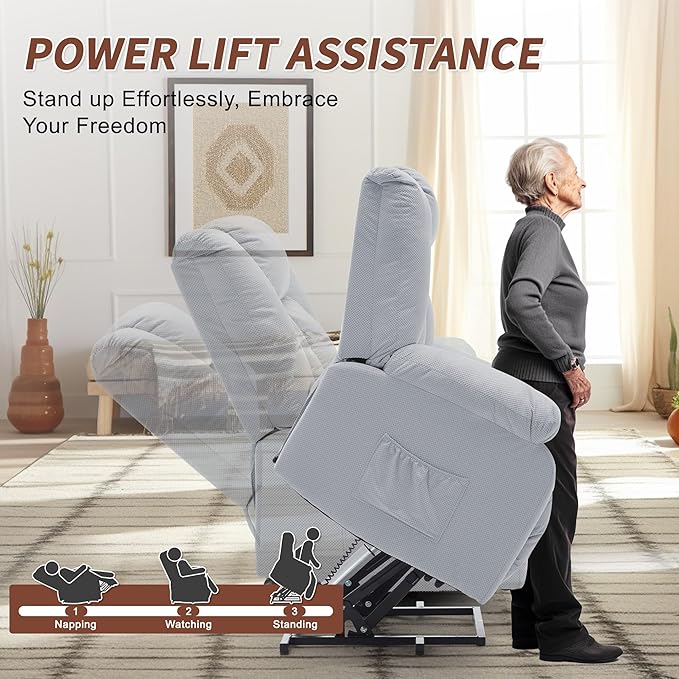 Oversized Dual Motor Power Lift Recliner for Adults, Electric Lift Chair with Heating and Massage, Waffle Fabric Electric Recliner Chair with Side Pockets, Wide Recliner for Living Room