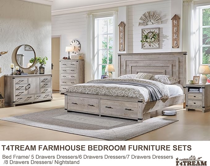 T4TREAM Farmhouse 7 Drawers Dresser for Bedroom, 54" Wide Wood Chest of Drawers w/Natural Texture & Metal Handle, Rustic Storage Dressers Organizer for Living Room, Hallway, Light Rustic Oak