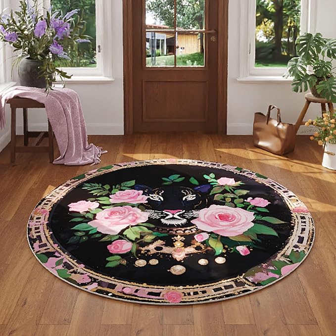 Round Rug 6ft Washable Circle Rug Non Slip Low Pile Retro Lavish Leopard Floral Animal Small Circular Rug for Bedroom, Bathroom, Entryway, Kids Room, Office, College Dorm (Black Pink)